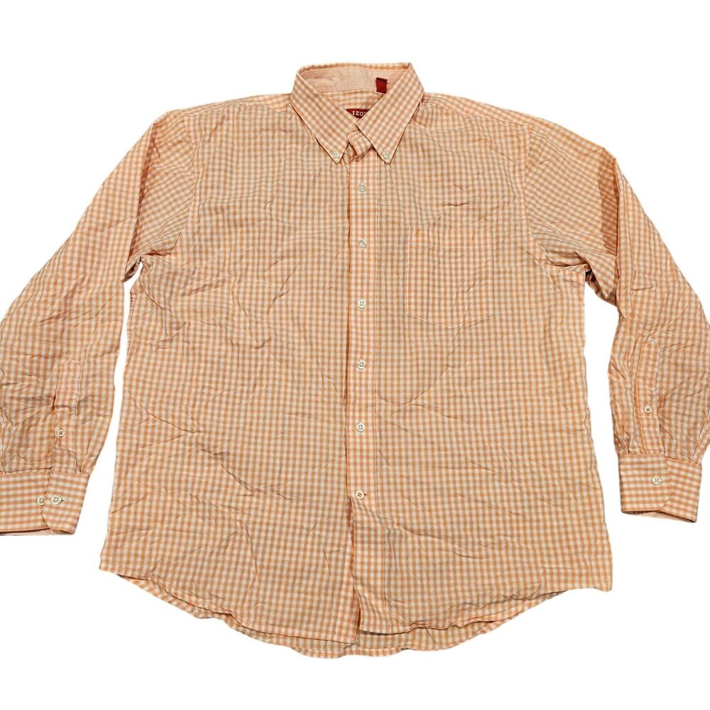 IZOD Orange White Checkered Long Sleeve Men's Button Down Shirt Size Large